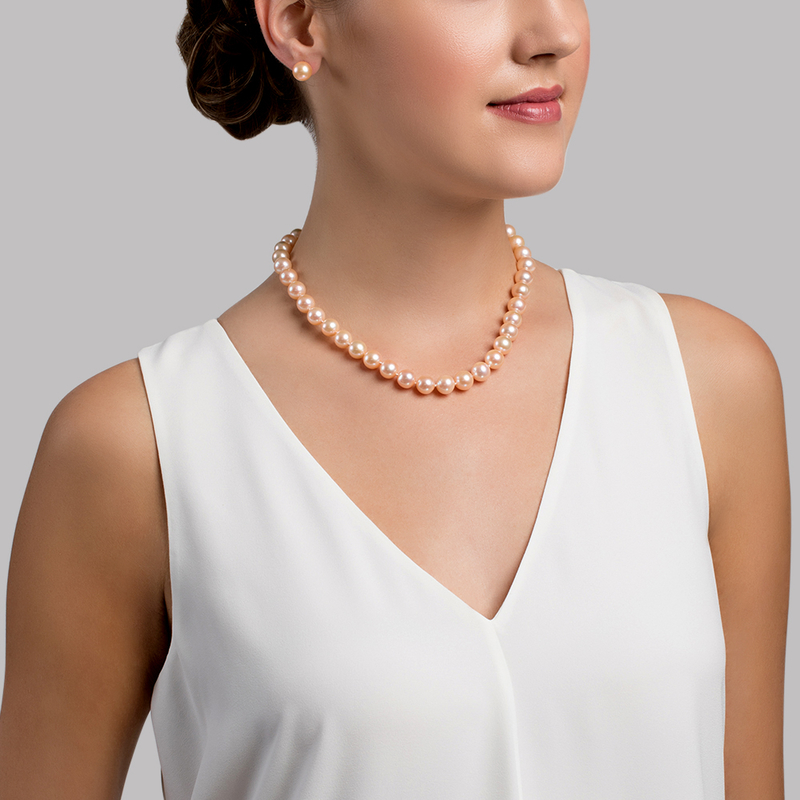 11-12mm Peach Freshwater Pearl Necklace - AAA Quality - Model Image