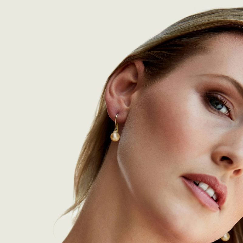Model is wearing Linda earrings with 9mm AAAA quality pearls