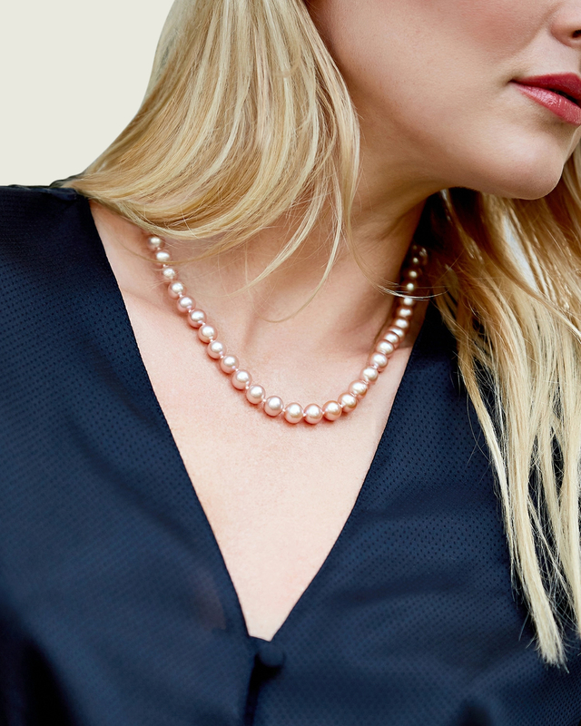 9-10mm Peach Freshwater Pearl Necklace - AAA Quality - Model Image