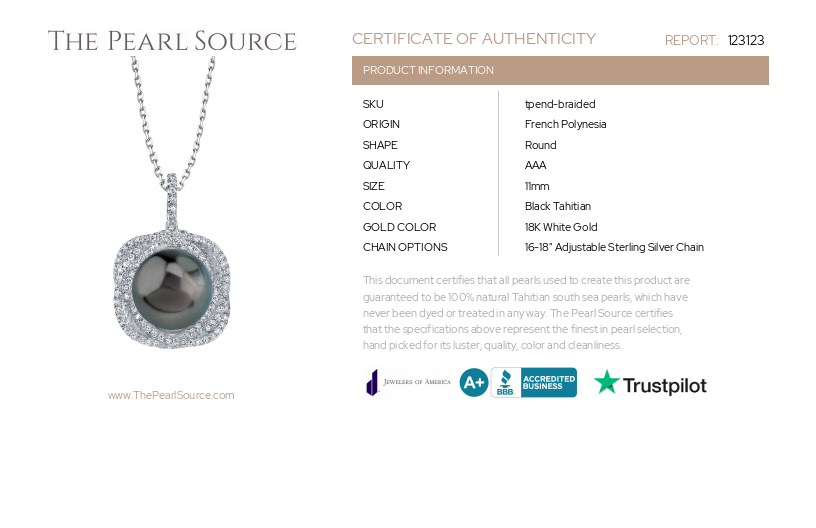 Tahitian South Sea Pearl & Diamond Braided Pendant-Certificate