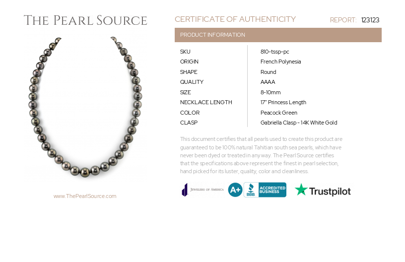 8-10mm Peacock Tahitian South Sea Pearl Necklace - AAAA Quality-Certificate