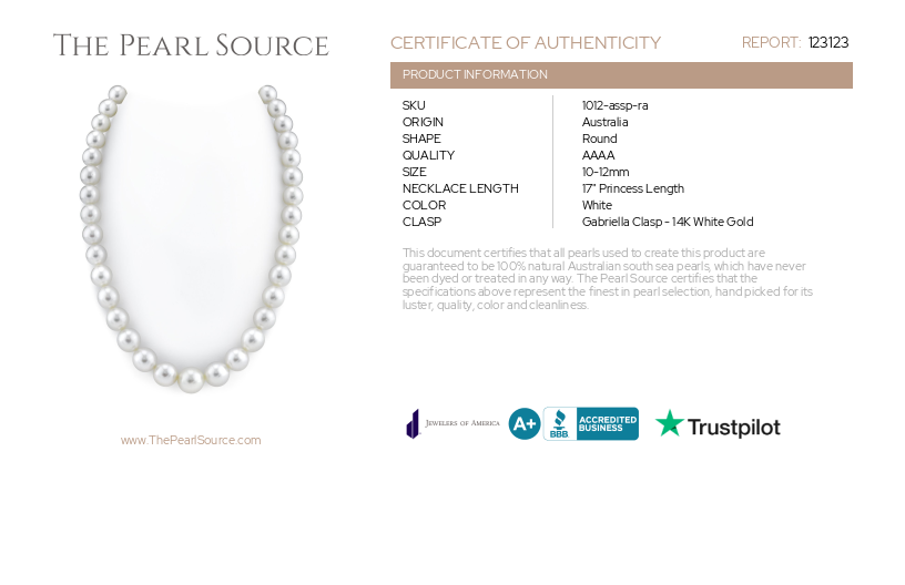 10-12mm White South Sea Pearl Necklace - AAAA Quality-Certificate