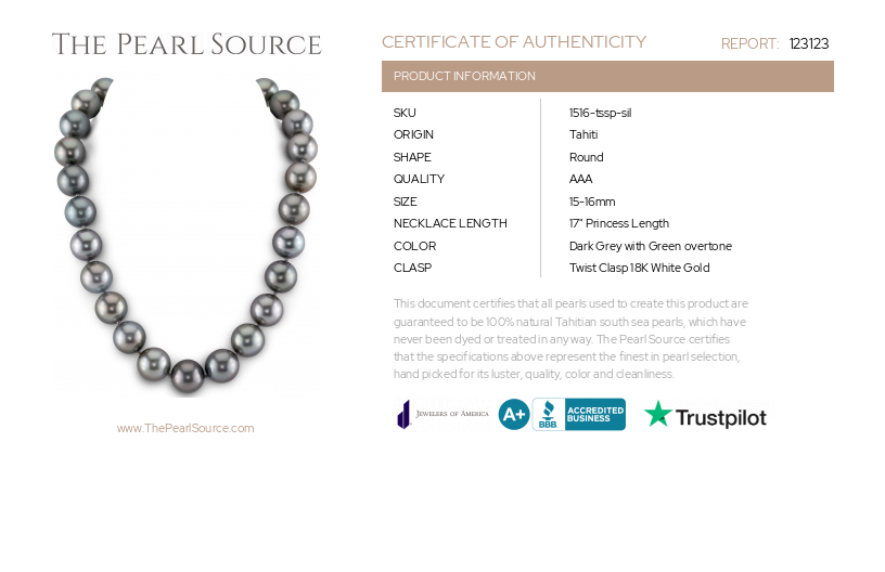 15-16mm Tahitian South Sea Pearl Necklace-Certificate
