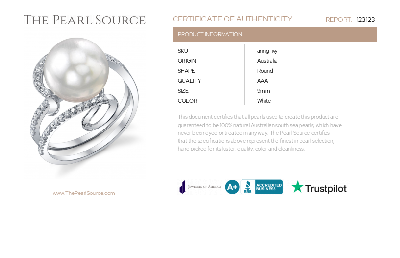 South Sea Pearl & Diamond Ivy Ring-Certificate