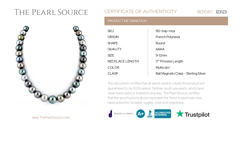 9-12mm Tahitian South Sea Multicolor Pearl Necklace - AAAA Quality-Certificate