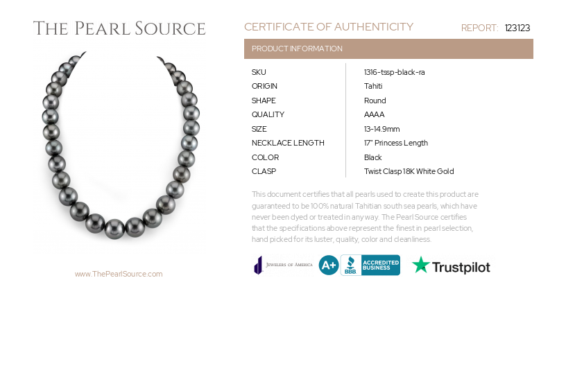 13-14.9mm Black Tahitian South Sea Pearl Necklace - AAAA Quality-Certificate
