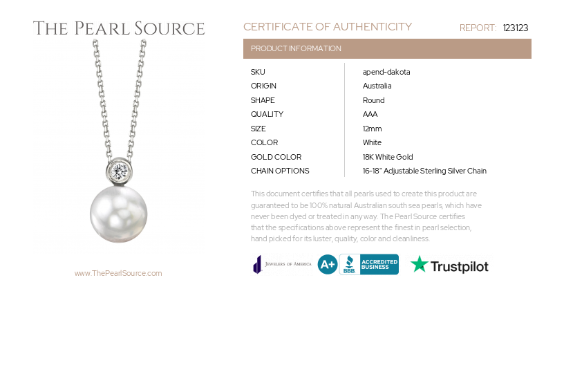 White South Sea Pearl & Diamond Dakota Pendant-Certificate