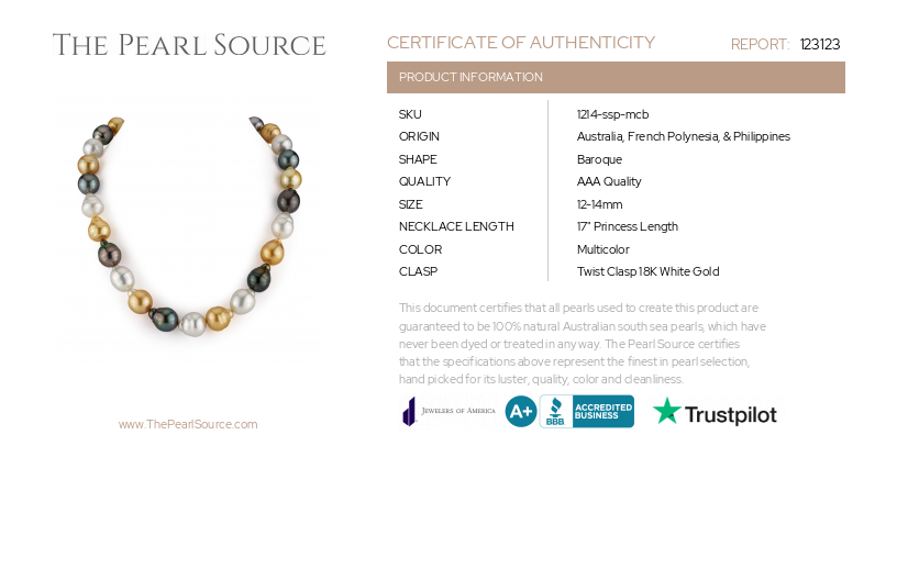 12-14mm South Sea Multicolor Baroque Pearl Necklace-Certificate