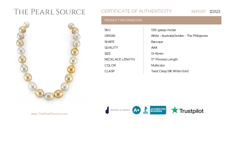 13-15mm South Sea Multicolor Baroque Pearl Necklace-Certificate