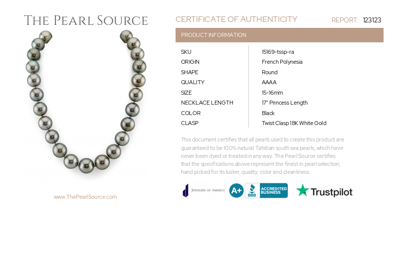 15-16.9mm Tahitian South Sea Pearl Necklace - AAAA Quality-Certificate