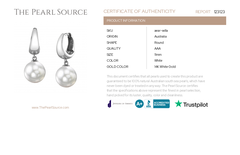 White South Sea Pearl Hoop Willa Dangling Earrings-Certificate