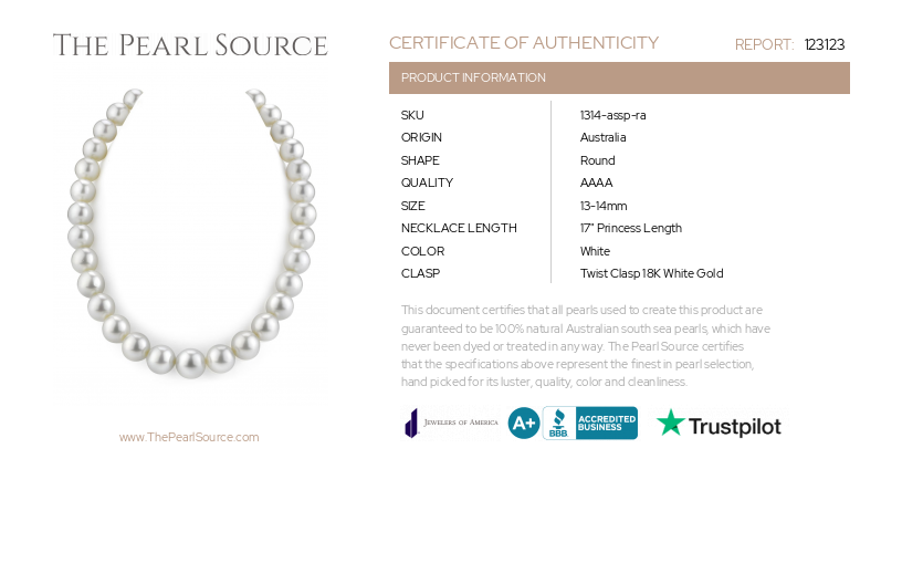 13-14mm White South Sea Pearl Necklace - AAAA Quality-Certificate