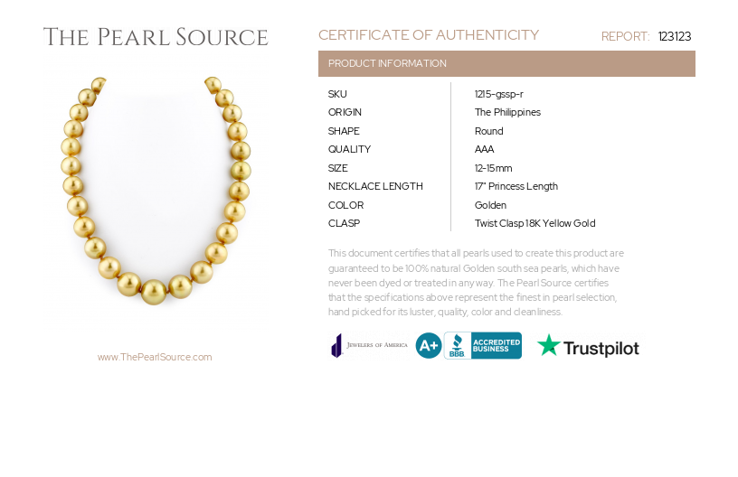 12-15mm Golden South Sea Pearl Necklace - AAA Quality-Certificate