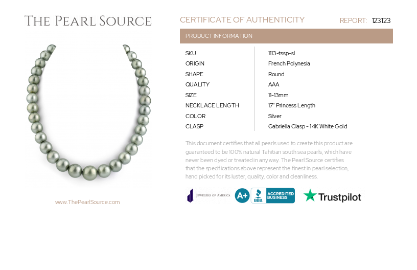 11-13mm Silver Tahitian South Sea Pearl Necklace - AAA Quality-Certificate