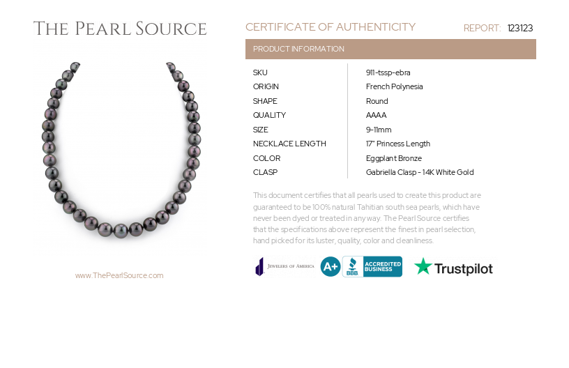 9-11mm Eggplant Tahitian South Sea Pearl Necklace - AAAA Quality-Certificate
