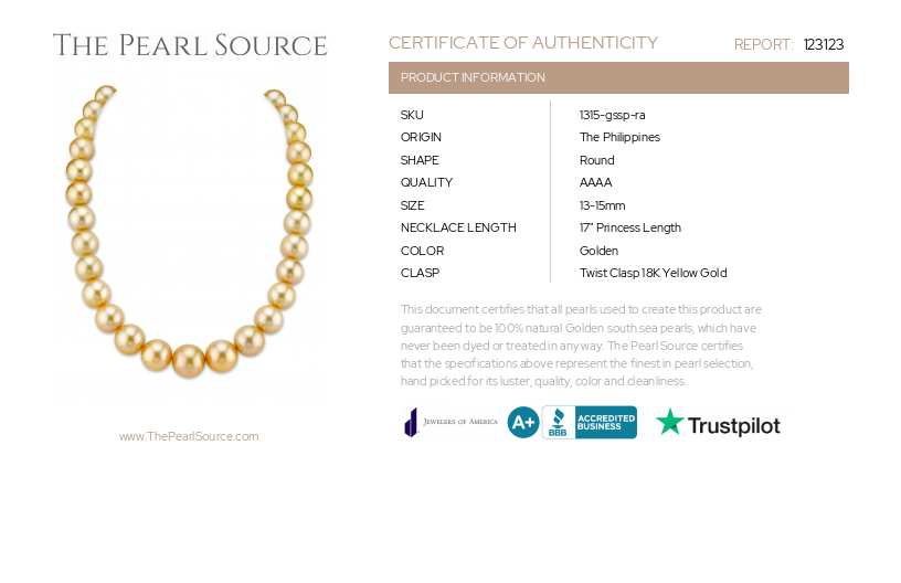 13-15mm Golden South Sea Pearl Necklace - AAAA Quality-Certificate