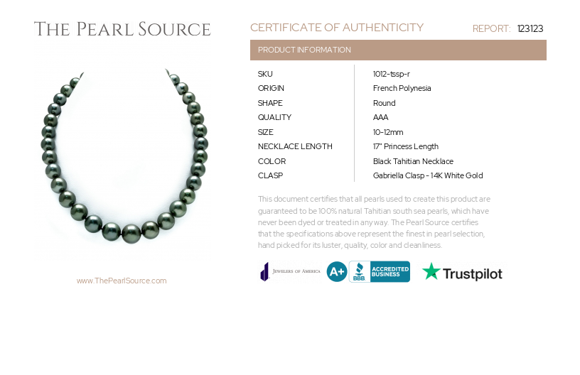10-12mm Tahitian South Sea Pearl Necklace - AAA Quality-Certificate